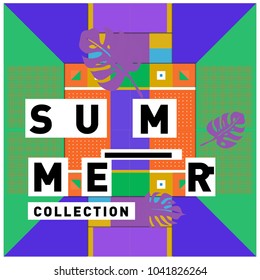 Vector geometric Memphis summer collection poster. Design template for summer holiday season.