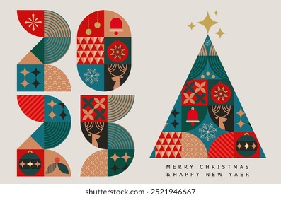 vector geometric merry christmas and happy new year 2025 concept, celebration festive, christmas tree