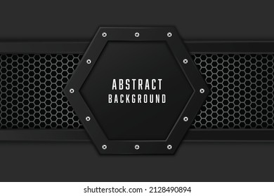 Vector geometric metal plate with screws. Drak hexagon mesh pattern design futurisc background.