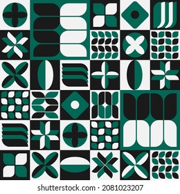 Vektorgeometrischer minimalistischer Hintergrund im Bauhaus-Stil mit einfachen Formen und Figuren. Abstraktes skandinavisches grünes Muster für Webbanner, Geschäftspräsentation, Markenpaket, Stoffdruck.