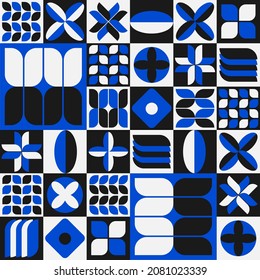 Vector geometric minimalist background in bauhaus style with simple shapes and figures. Abstract scandinavian blue pattern design for web banner, business presentation, brand package, fabric print.