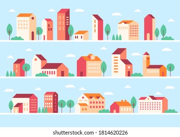 Vector geometric minimalist house. Flat city landscape elements with town building, residential houses and trees for website, cover, banner, poster. Urban landscape. Minimal cityscape. House district