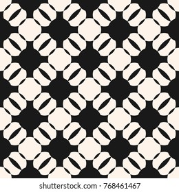 Vector geometric monochrome seamless pattern. Simple black and white ornamental texture with round shapes, grid, lattice, perforated surface. Abstract ornament background, repeat tiles. Modern design 