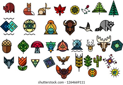 Vector geometric mosaic, animals and flowers on white background