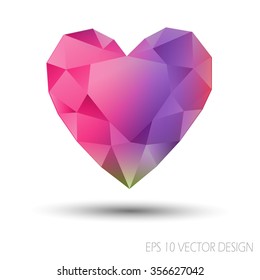 Vector Geometric Mosaic Heart.Template for Valentines Day Design.Abstract polygonal heart.Love symbol.Pink purple heart on white background.Geometric rumpled triangular style graphic illustration. 