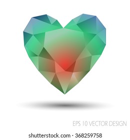 Vector Geometric Mosaic Heart.Template for Valentines Day.Abstract polygonal love symbol with blue green color on white background.Rumpled triangular style graphic illustration. 