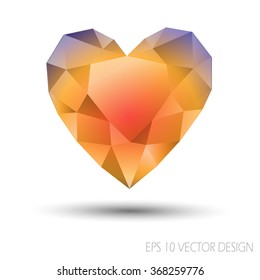 Vector Geometric Mosaic Heart.Template for Valentines Day.Abstract polygonal love symbol with purple orange color on white background.Rumpled triangular style graphic illustration. 