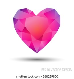 Vector Geometric Mosaic Heart.Template for Valentines Day.Abstract polygonal love symbol with purple red color on white background.Rumpled triangular style graphic illustration. 