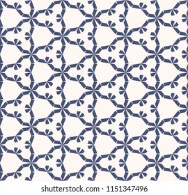 Vector geometric mosaic seamless pattern. Ornamental dark blue and white texture. Winter style holiday abstract ornament with triangles, icy figures, sharp shapes, grid. Fine linear repeat background