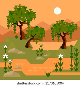 Vector geometric mountain with green trees landskape in  orange colours vector geometric flat illustraion mountains plants flowers sun pond lake geometric vector landscape trees
