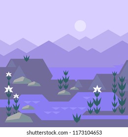 Vector geometric mountain landskape in purplr colors vector geometric flat illustraion mountains plants flowers sun pond lake geometric vectoe landscape