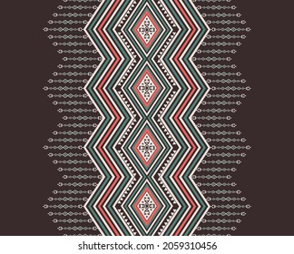 Vector geometric native aztec tribal simple pattern design for collar shirts, shirts, neck line. Ethnic red-green on brown color seamless background. Use for fabric elements, ornament, motif.