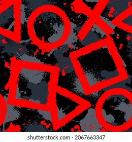 Vector geometric neon pattern with signs on pink background. Abstract grunge seamless wallpaper