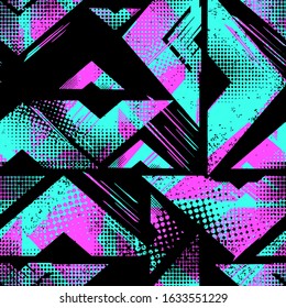 Vector geometric neon pattern with triangles and lines on black background. Abstract colorful seamless wallpaper