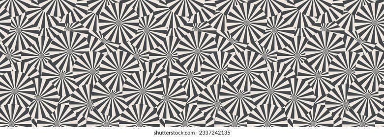 Vector geometric optical illusion hypnotic seamless pattern. Black and white psychedelic ray sunburst banner. Monochrome retro op art psychedelic fabric fashion background. Kaleidoscope web backdrop