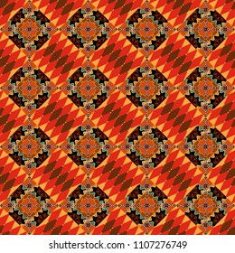 Vector geometric orange, black and pink flat seamless pattern.