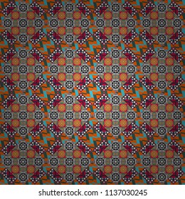 Vector geometric orange, blue and gray flat seamless pattern.