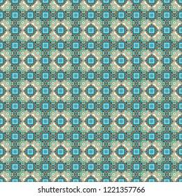 Vector geometric orange, blue and green flat seamless pattern.