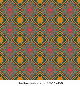 Vector geometric orange, blue and green flat seamless pattern.