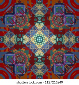 Vector geometric orange, blue and red flat seamless pattern.
