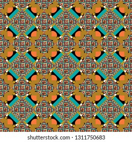 Vector geometric orange, brown and green flat seamless pattern.