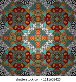 Vector geometric orange, gray and blue flat seamless pattern.