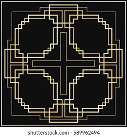 Vector geometric ornament in Art Deco style. Square abstract element for design. Light golden lined shape