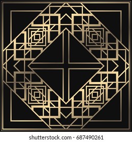 Vector geometric ornament in Art Deco style. Square tiled element for design. Light golden lined shape. Luxury background for invitation, menu, poster.