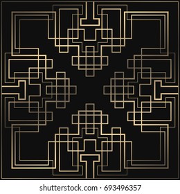 Vector geometric ornament in Art Deco style. Square tiled element for design. Light golden lined shape. Luxury background for invitation, menu, poster.