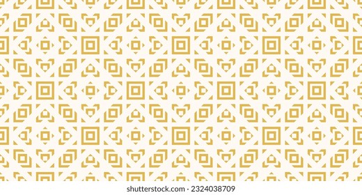 Vector geometric ornament in ethnic folk style. Abstract seamless pattern with squares, diamonds, triangles, grid, repeat tiles. Yellow color. Simple retro vintage background texture. Geo design 
