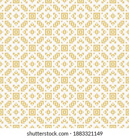 Vector geometric ornament in ethnic style. Abstract seamless pattern with small squares, diamonds, triangles, grid, net, repeat tiles. Yellow color. Simple golden background texture. Repeat design
