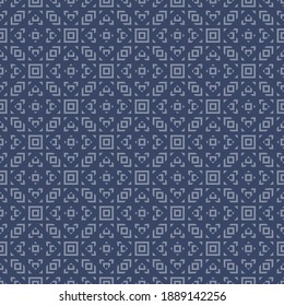 Vector geometric ornament in ethnic style. Abstract seamless pattern with small squares, diamonds, triangles, grid, net, repeat tiles. Dark blue color. Simple vintage background texture. Repeat design