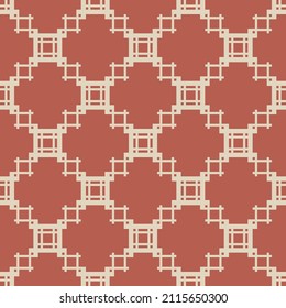 Vector geometric ornament in ethnic style. Abstract seamless pattern with squares, floral shapes, repeat tiles. Vintage retro texture. Simple background in red tones. Repeat design for decor, fabric