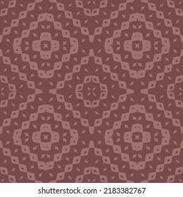 Vector geometric ornament in ethnic style. Abstract seamless pattern with geometrical elements, squares, rhombuses, floral shapes. Tribal background texture. Folk motif. Brown color. Repeated design