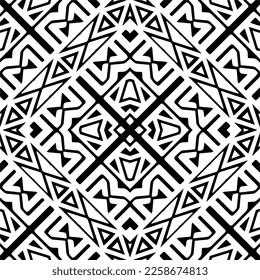 Vector geometric ornament in ethnic style. Seamless pattern with  abstract shapes,Black and white color. Repeating pattern for decor, textile and fabric.