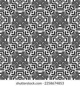 Vektorgeometrische Ornamente im ethnischen Stil. Nahtloses Muster mit abstrakten Formen, schwarz-weißer Farbe. Wiederholte Muster für Dekoration, Textilien und Stoff.