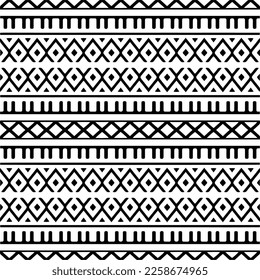 Vektorgeometrische Ornamente im ethnischen Stil. Nahtloses Muster mit abstrakten Formen, schwarz-weißer Farbe. Wiederholte Muster für Dekoration, Textilien und Stoff.