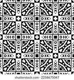 Vector geometric ornament in ethnic style. Seamless pattern with  abstract shapes,Black and white color. Repeating pattern for decor, textile and fabric.