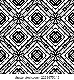 Vektorgeometrische Ornamente im ethnischen Stil. Nahtloses Muster mit abstrakten Formen, schwarz-weißer Farbe. Wiederholte Muster für Dekoration, Textilien und Stoff.