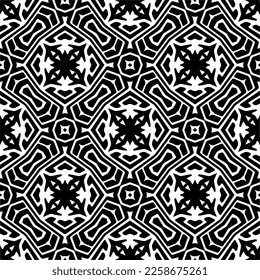 Vektorgeometrische Ornamente im ethnischen Stil. Nahtloses Muster mit abstrakten Formen, schwarz-weißer Farbe. Wiederholte Muster für Dekoration, Textilien und Stoff.