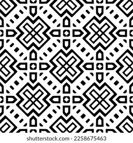 Vektorgeometrische Ornamente im ethnischen Stil. Nahtloses Muster mit abstrakten Formen, schwarz-weißer Farbe. Wiederholte Muster für Dekoration, Textilien und Stoff.