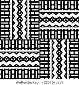 Ornamento geométrico vectorial de estilo étnico. Patrón sin brillo con formas abstractas,Color negro y blanco. Patrón repetitivo de decoración, textil y de tela.