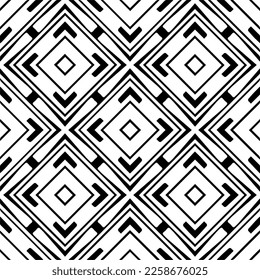 Vektorgeometrische Ornamente im ethnischen Stil. Nahtloses Muster mit abstrakten Formen, schwarz-weißer Farbe. Wiederholte Muster für Dekoration, Textilien und Stoff.