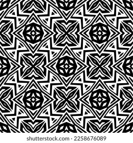 Vector geometric ornament in ethnic style. Seamless pattern with  abstract shapes,Black and white color. Repeating pattern for decor, textile and fabric.