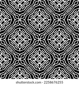Vektorgeometrische Ornamente im ethnischen Stil. Nahtloses Muster mit abstrakten Formen, schwarz-weißer Farbe. Wiederholte Muster für Dekoration, Textilien und Stoff.
