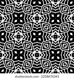 Vektorgeometrische Ornamente im ethnischen Stil. Nahtloses Muster mit abstrakten Formen, schwarz-weißer Farbe. Wiederholte Muster für Dekoration, Textilien und Stoff.