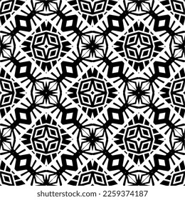 Vektorgeometrische Ornamente im ethnischen Stil. Nahtloses Muster mit abstrakten Formen, schwarz-weißer Farbe. Wiederholte Muster für Dekoration, Textilien und Stoff.