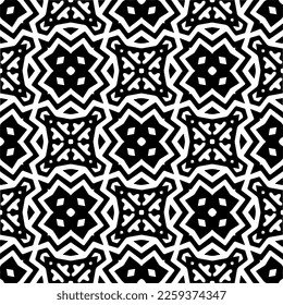 Vektorgeometrische Ornamente im ethnischen Stil. Nahtloses Muster mit abstrakten Formen, schwarz-weißer Farbe. Wiederholte Muster für Dekoration, Textilien und Stoff.