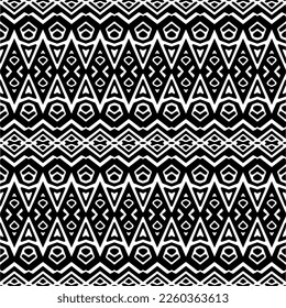 
Vektorgeometrische Ornamente im ethnischen Stil. Nahtloses Muster mit abstrakten Formen, schwarz-weißer Farbe. Wiederholte Muster für Dekoration, Textilien und Stoff.
