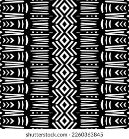 Vektorgeometrische Ornamente im ethnischen Stil. Nahtloses Muster mit abstrakten Formen, schwarz-weißer Farbe. Wiederholte Muster für Dekoration, Textilien und Stoff.